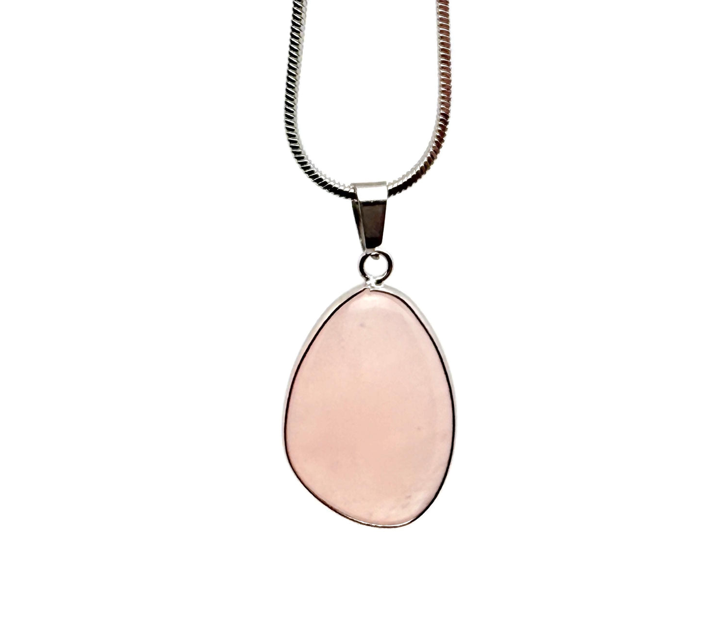 Dainty rose quartz gemstone pendant with silver setting, ideal for DIY jewelry charms, showcasing a polished pink stone on a silver chain
