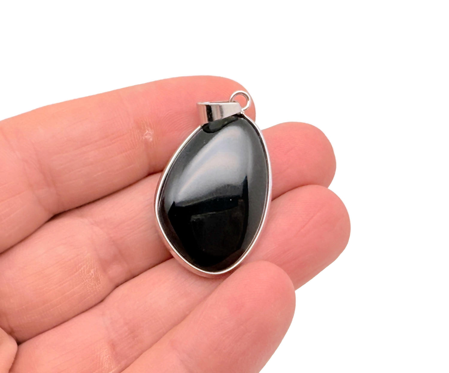 Dainty silver gemstone pendant with obsidian stone, ideal for DIY jewelry charms, featuring a polished, elegant design.