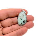 Dainty Kiwi Jasper silver gemstone pendant with silver chain, featuring a polished green and brown oval stone for jewelry making.