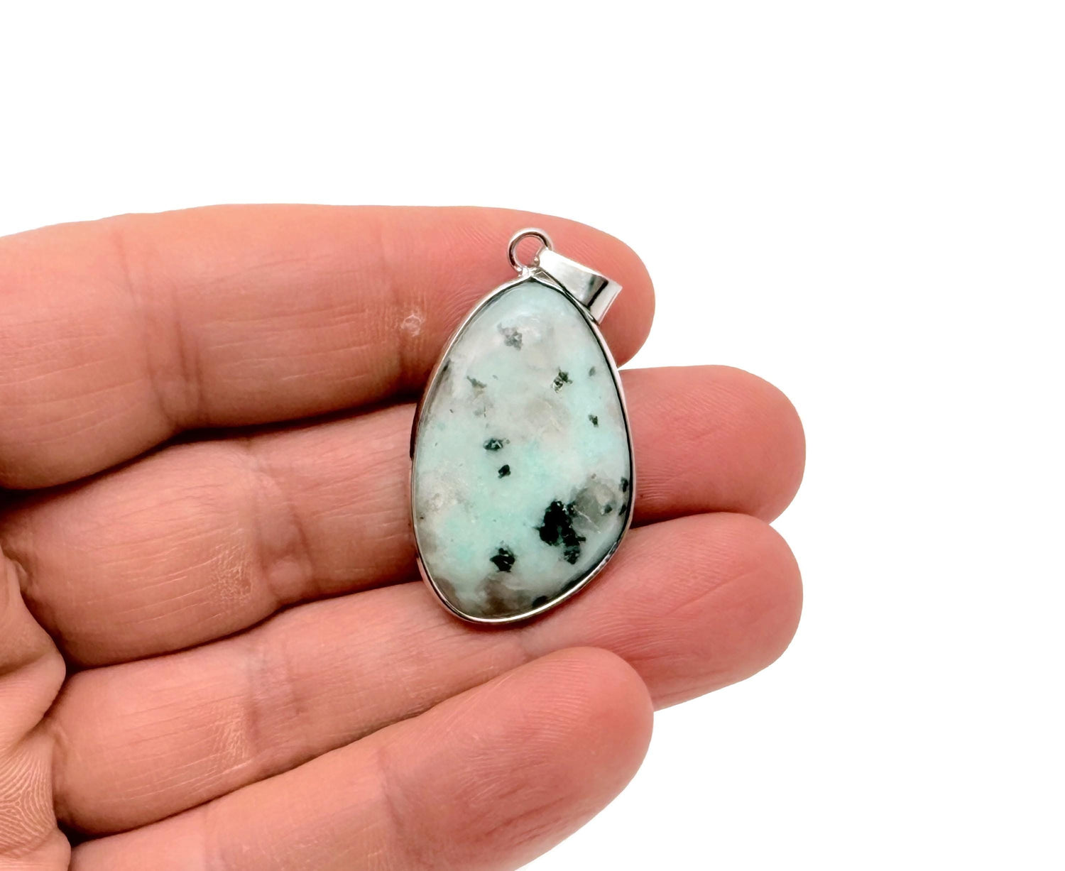 Dainty Kiwi Jasper silver gemstone pendant with silver chain, featuring a polished green and brown oval stone for jewelry making.