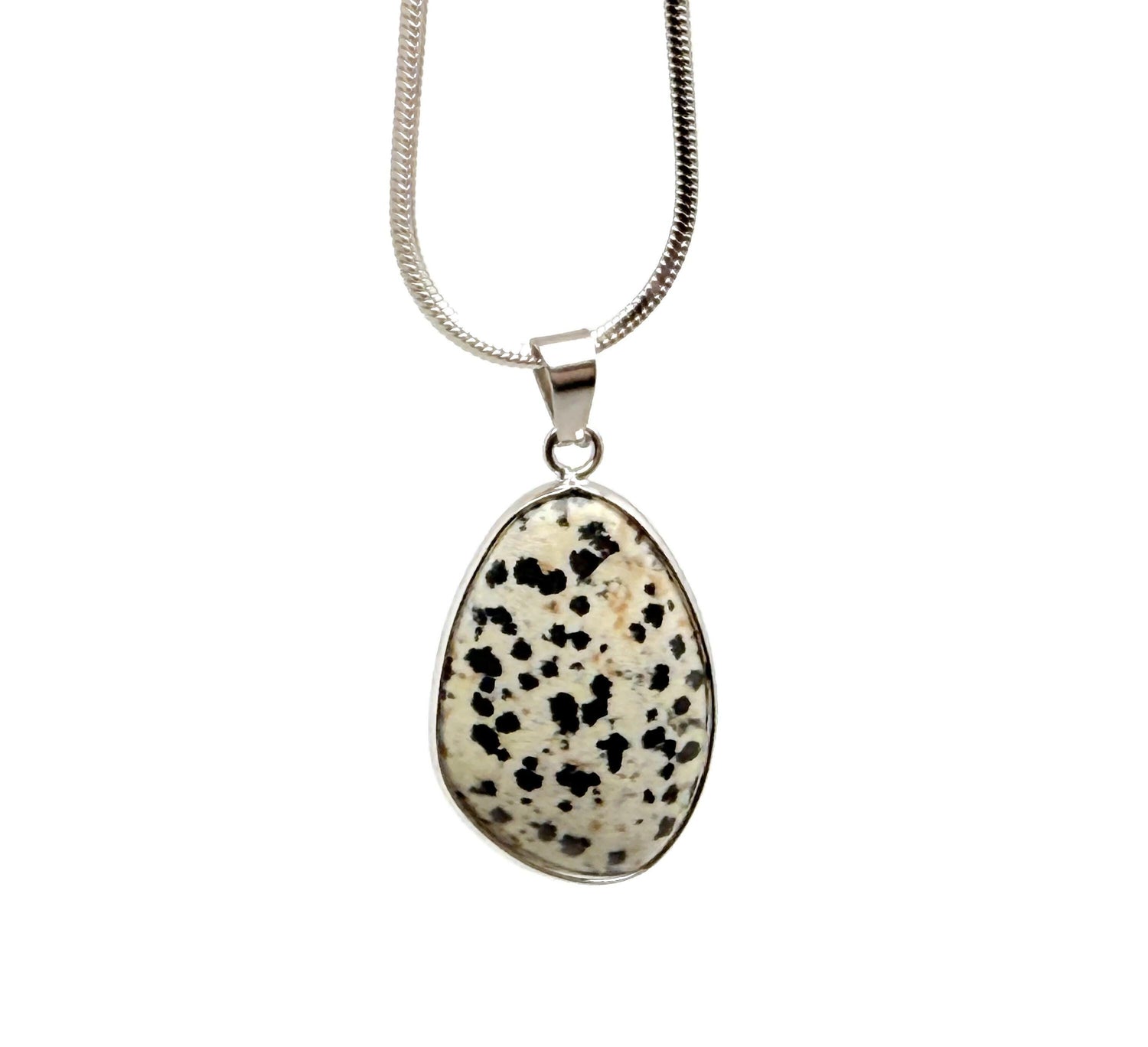 Dalmatian Jasper silver gemstone pendant from GemstoneGO, featuring a spotted Dalmatian pattern, perfect for dainty jewelry DIY charms.