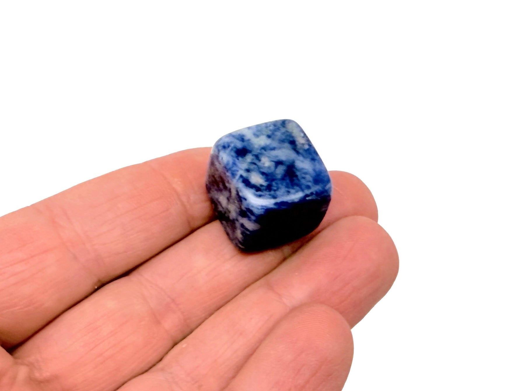 Handmade 16mm Sodalite cube stone from GemstoneGO, featuring natural blue and white mineral patterns for spiritual healing.