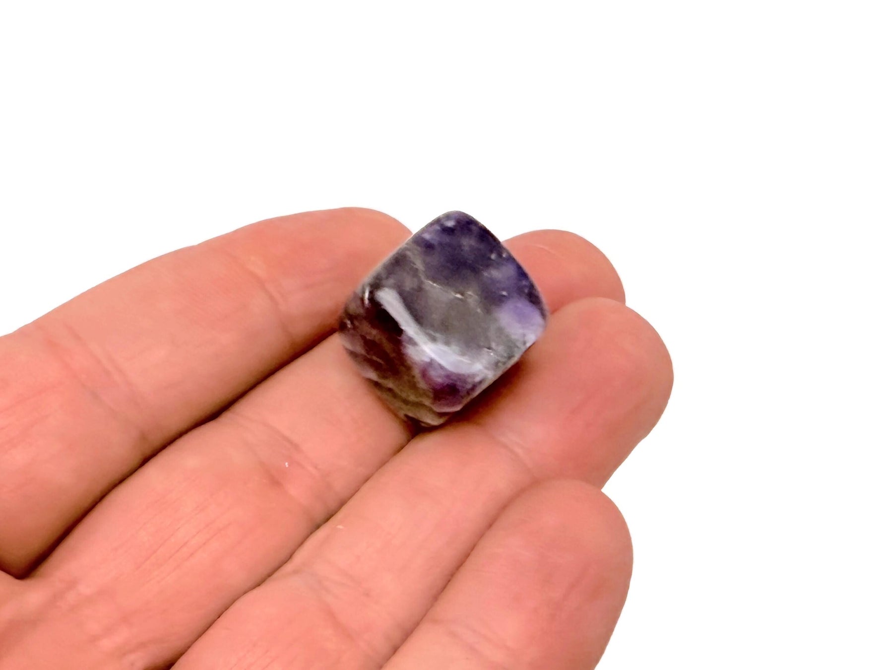 Handmade 16mm amethyst cube stone from GemstoneGO, carved with natural purple facets, ideal for jewelry or collection.