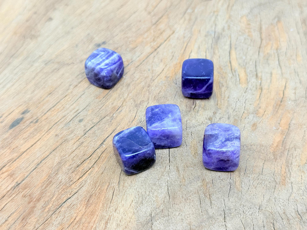 Handmade 16mm amethyst cube stone from GemstoneGO, carved gemstone with purple violet hues and natural crystalline texture.