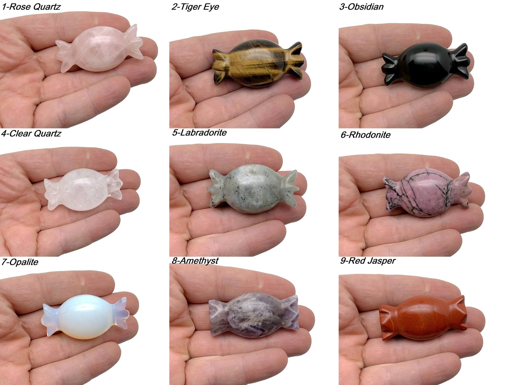 Colorful Candy Crystal Carving from GemstoneGO, shaped like sweets, used for healing decor and metaphysical gift displays.