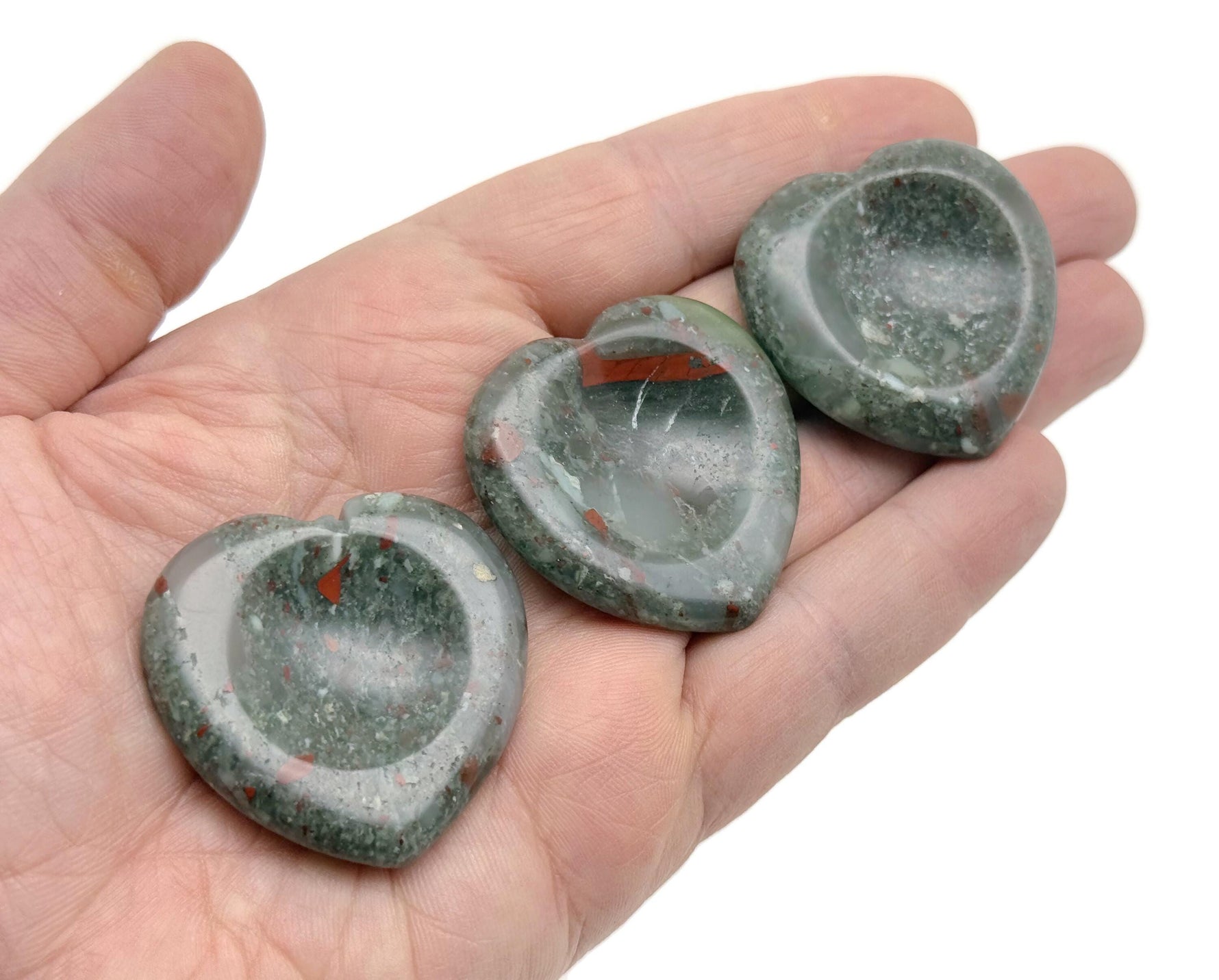 African Bloodstone heart worry stone from GemstoneGO with smooth, polished red and green crystal for calming and stress relief.