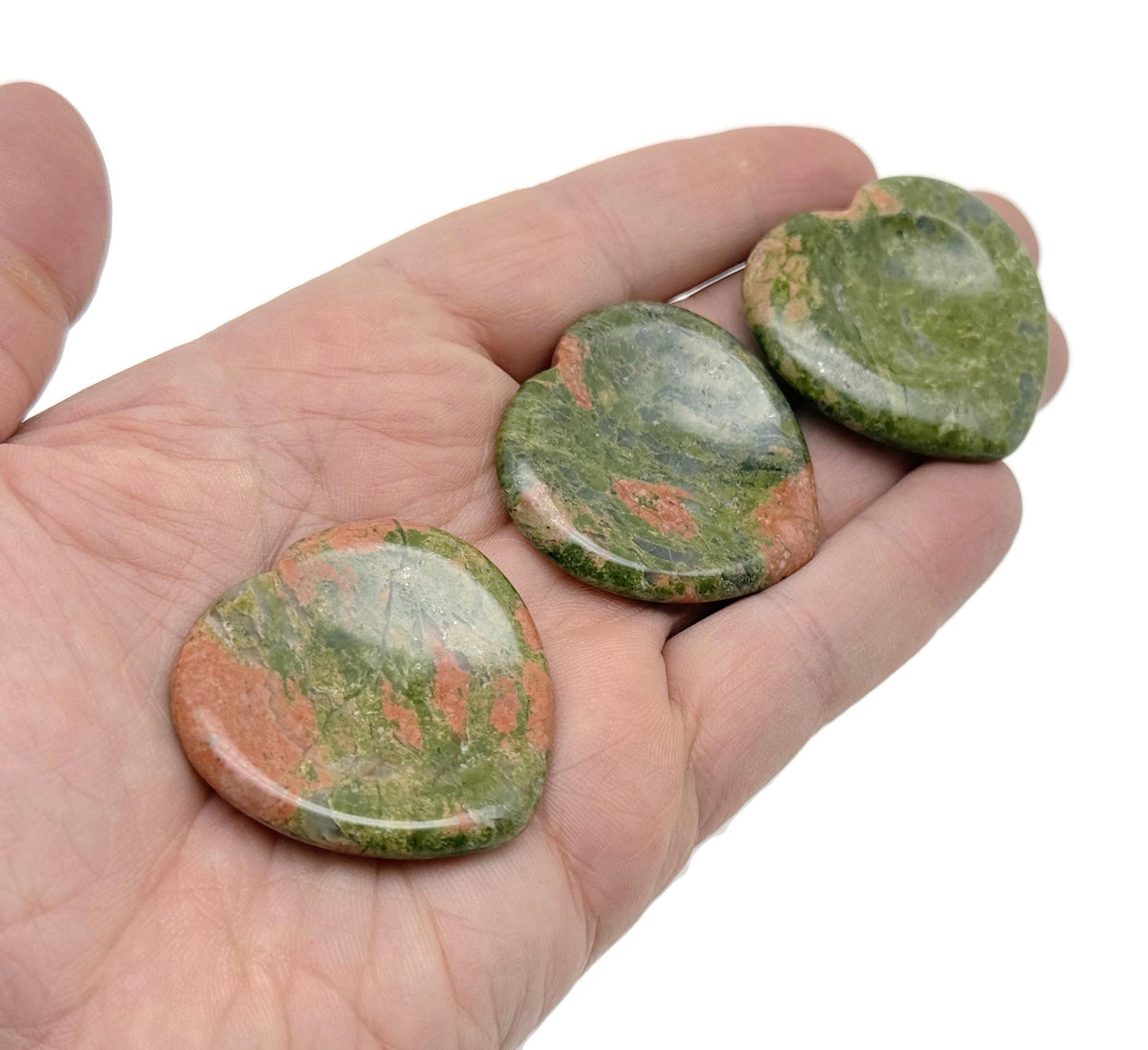 Unakite heart worry stone from GemstoneGO, a soothing crystal with pink and green hues, perfect for meditation and stress relief.