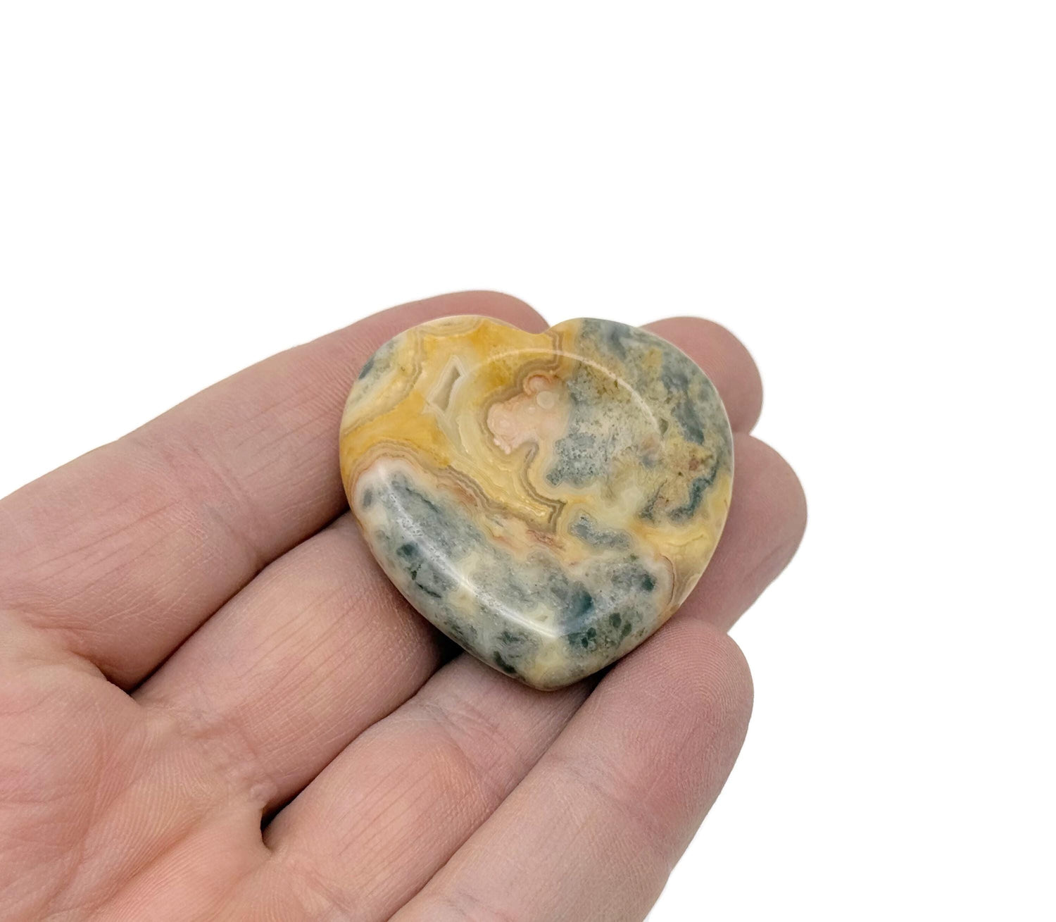 Crazy Lace Agate heart-shaped worry stone from GemstoneGO, featuring intricate patterns and a smooth, soothing surface.