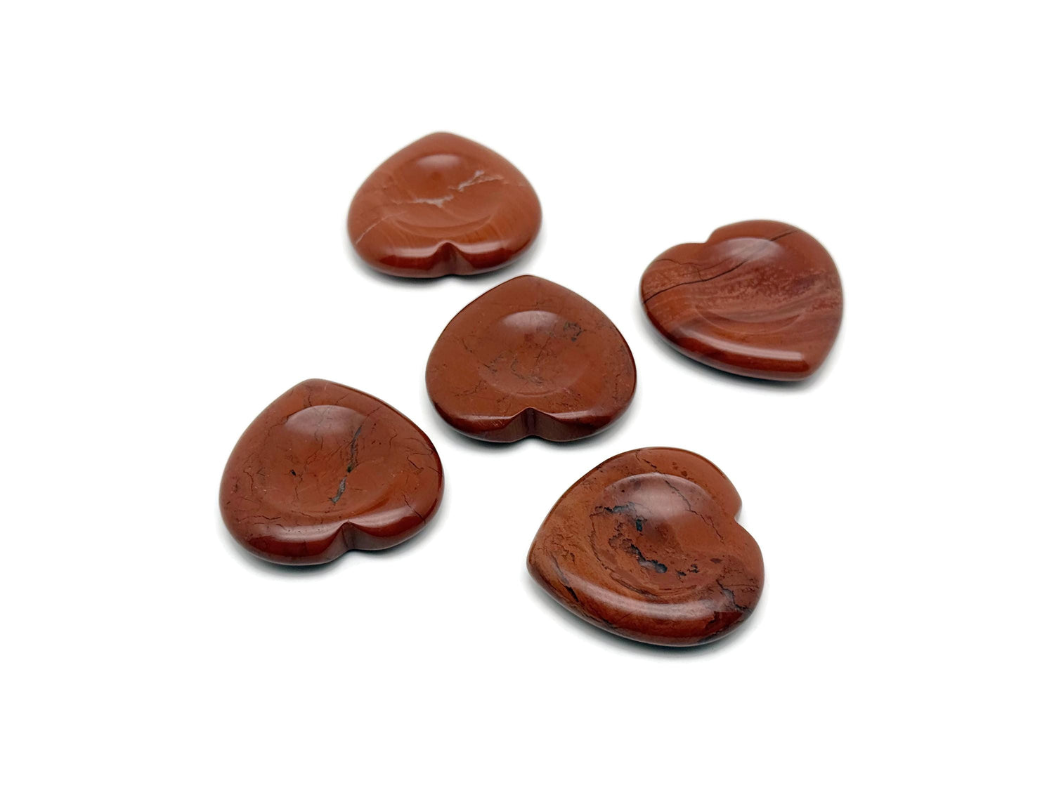 Red Jasper heart worry stone from GemstoneGO, a soothing crystal with a polished red Jasper surface for stress relief.