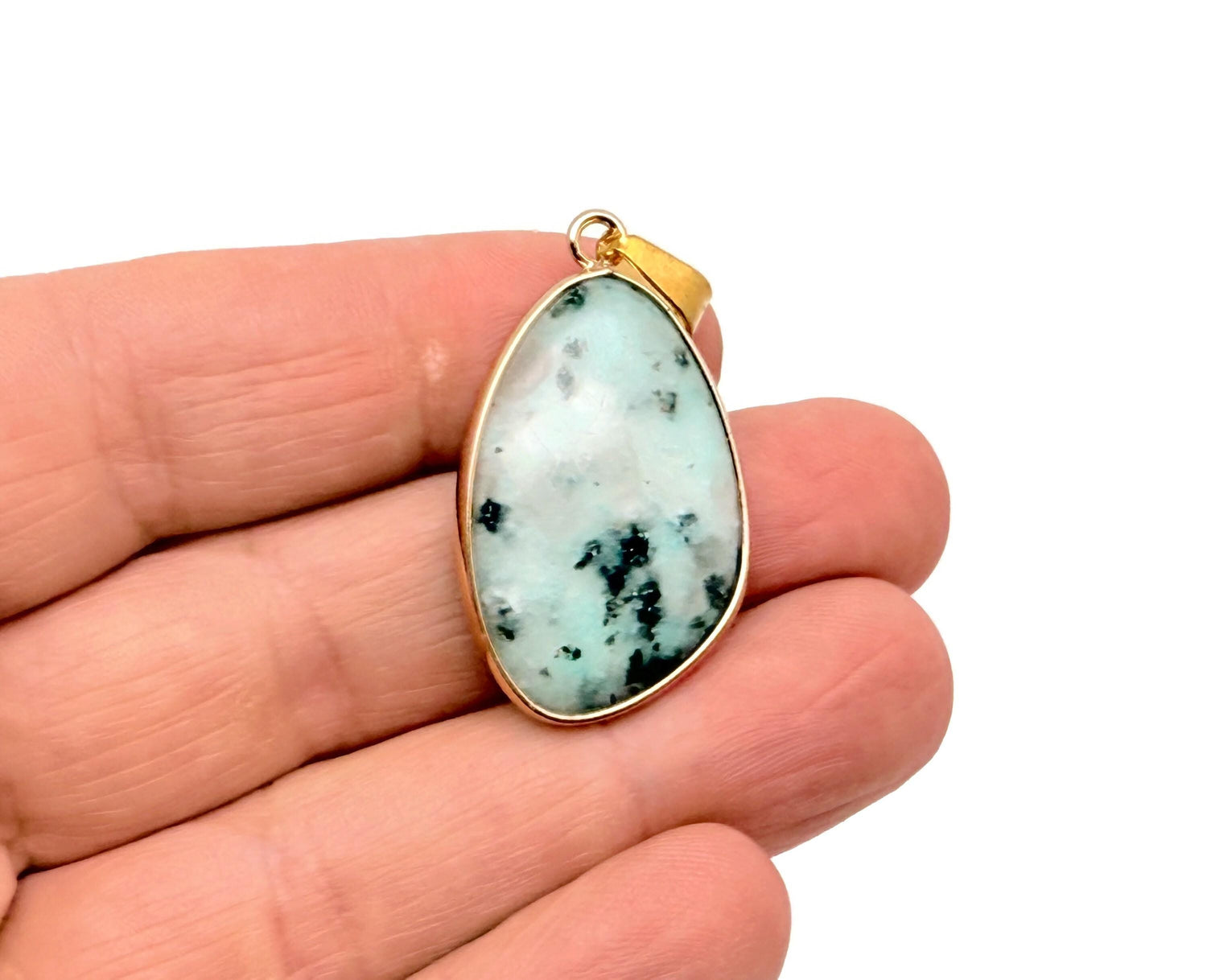 Dainty Kiwi Jasper gold gemstone pendant from GemstoneGO, featuring natural green and gold-toned jewelry charm for DIY jewelry making