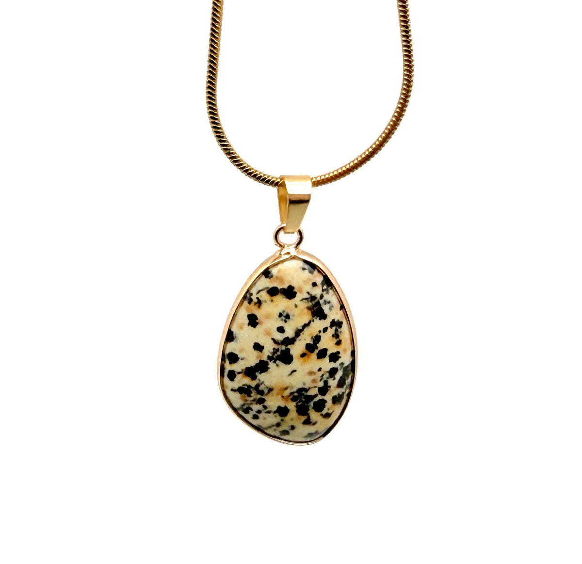 Dainty Dalmatian Jasper gemstone pendant with gold accents, ideal for DIY jewelry charms, by GemstoneGO.