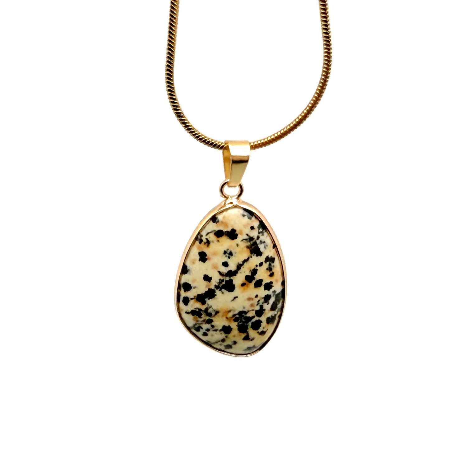 Dainty Dalmatian Jasper gemstone pendant with gold accents, ideal for DIY jewelry charms, by GemstoneGO.