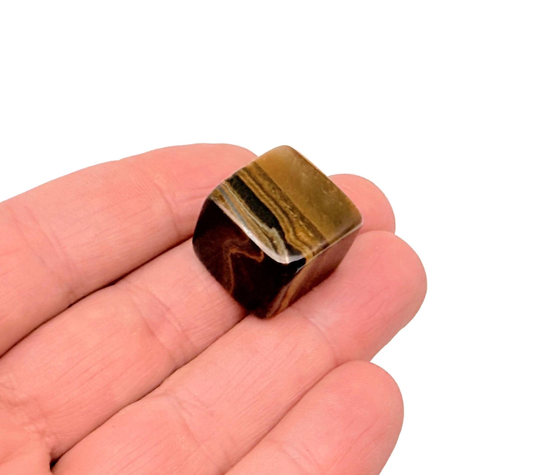Handmade 16mm Tiger Eye cube stone from GemstoneGO, showcasing a polished, carved tiger eye gemstone with rich golden-brown hues.