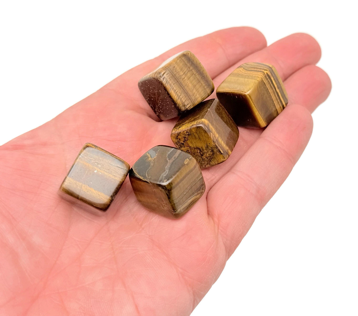 Handmade 16mm Tiger Eye cube stone from GemstoneGO, featuring a smooth carved surface with rich golden-brown hues.