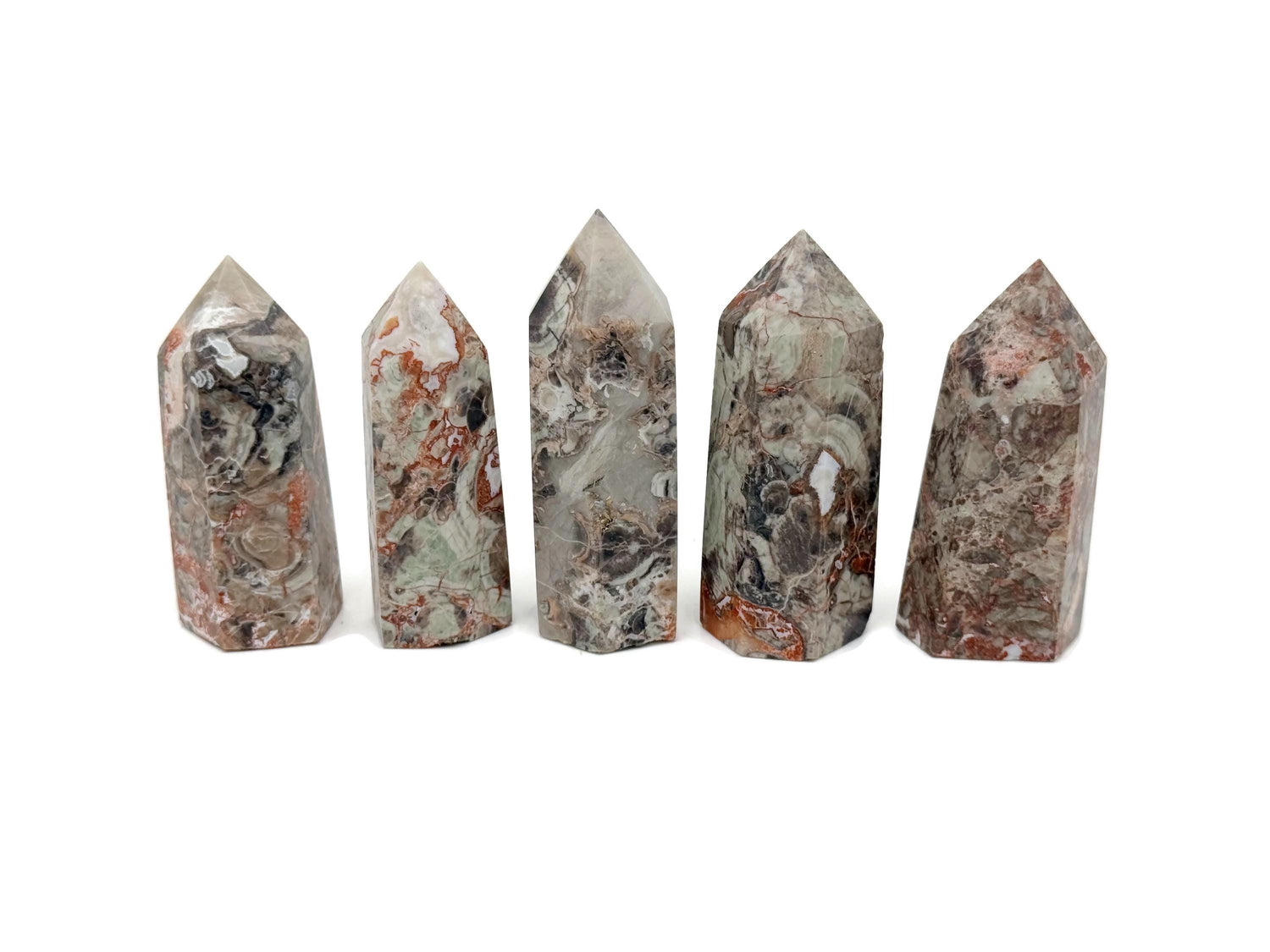 Leopard skin jasper obelisk tower crystal by GemstoneGO, featuring a polished, natural stone with distinctive spotted pattern.