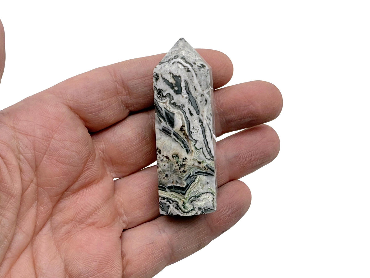 Picasso Jasper obelisk tower crystal from GemstoneGO, showcasing colorful natural stone with intricate patterns and polished surface.