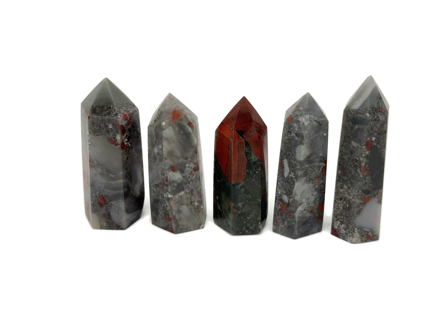 African Bloodstone obelisk tower crystal from GemstoneGO, showcasing deep green stone with natural red bloodstone inclusions.