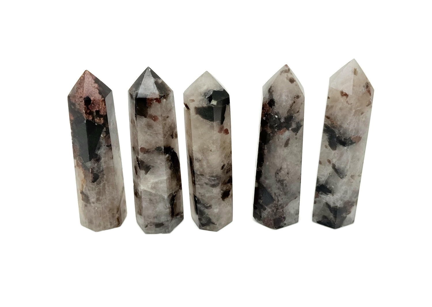 Garnet and black tourmaline obelisk tower crystal from GemstoneGO, showcasing deep red garnet and black tourmaline mineral formations.