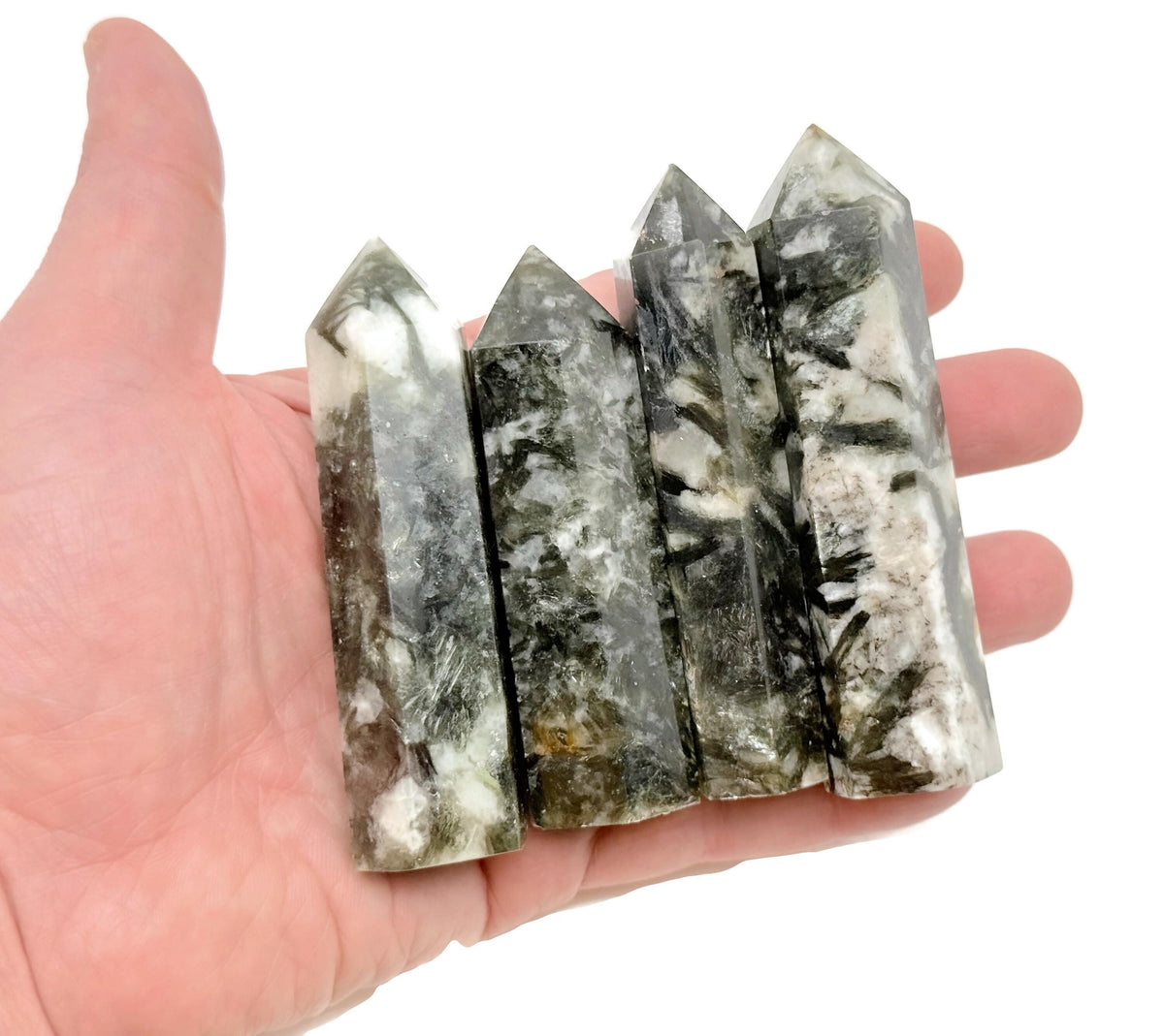 Green Lepidolite obelisk tower crystal from GemstoneGO, showcasing a polished, vibrant green mineral with natural striations.