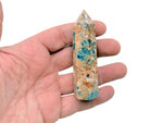 Sunstone and Blue Apatite obelisk tower crystal from GemstoneGO, showcasing vibrant orange and blue mineral formations.