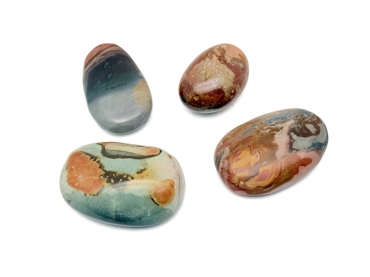 Ocean Jasper palm gemstone spa stone from GemstoneGO, showing a polished, rounded ocean-hued stone with natural patterns.