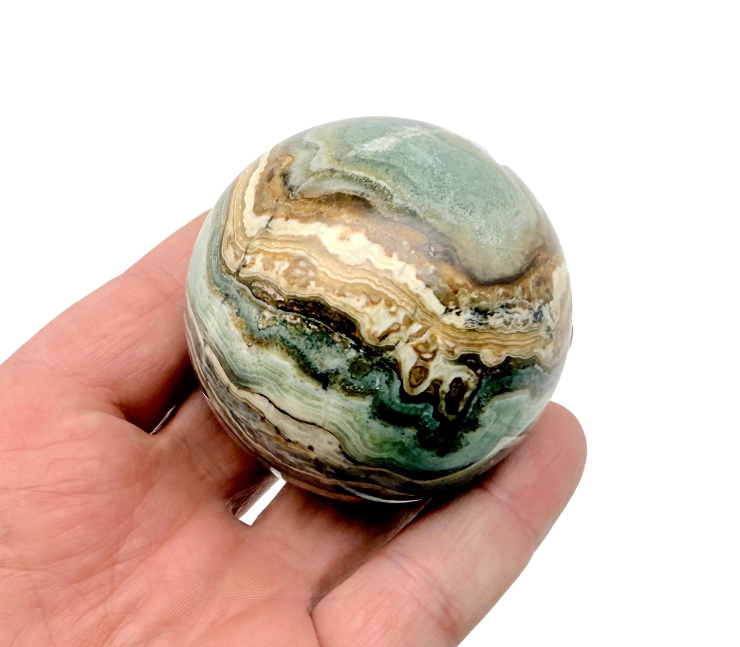 Caribbean Green Calcite gemstone sphere, 50-60mm crystal ball, polished green mineral, natural gemstone display from GemstoneGO