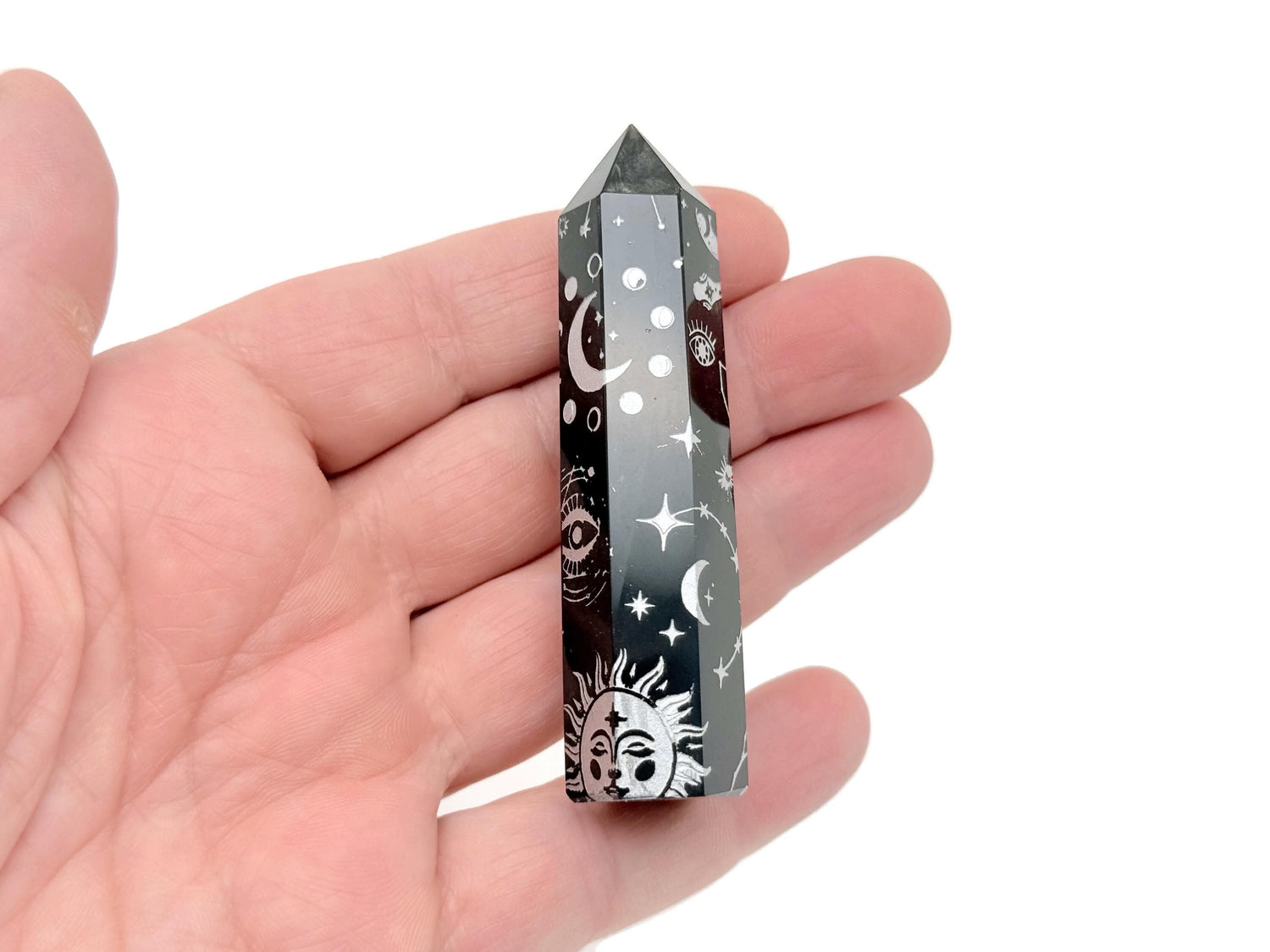 Obelisco de obsidiana con estampado plateado de luna y sol, torre de cristal - TW1108