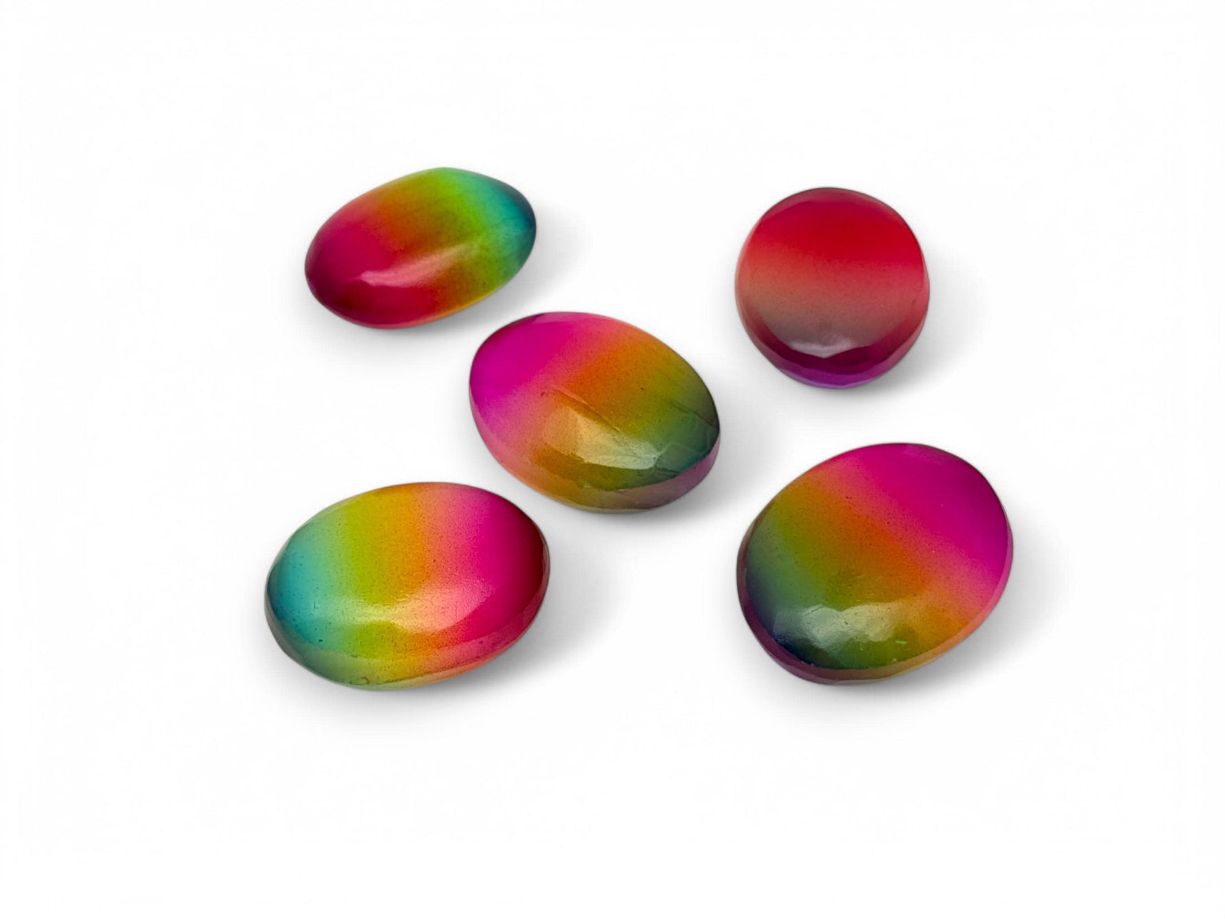 Rainbow Aura Quartz palm gemstone, 50mm spa stone from GemstoneGO, featuring vibrant rainbow colors and polished smooth surface.