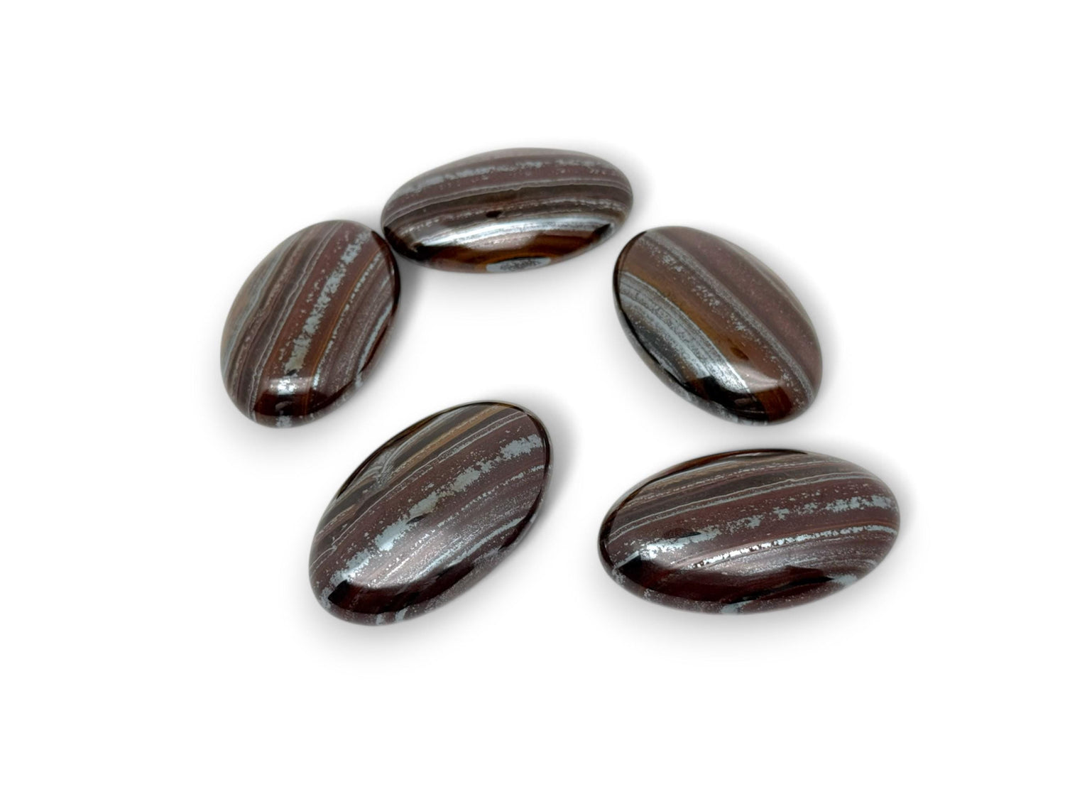 Tiger Iron palm gemstone spa stone, 50-60mm, showing layered red, black, and gold mineral patterns, by GemstoneGO.