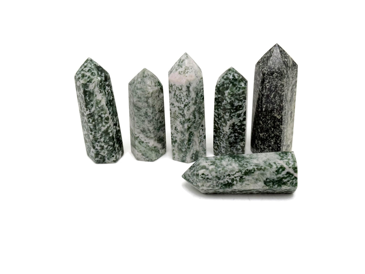 Green Jade Obelisk Tower made from Qinghai Jade gemstone, polished green crystal with natural stone markings, gemstone sculpture, GemstoneGO.