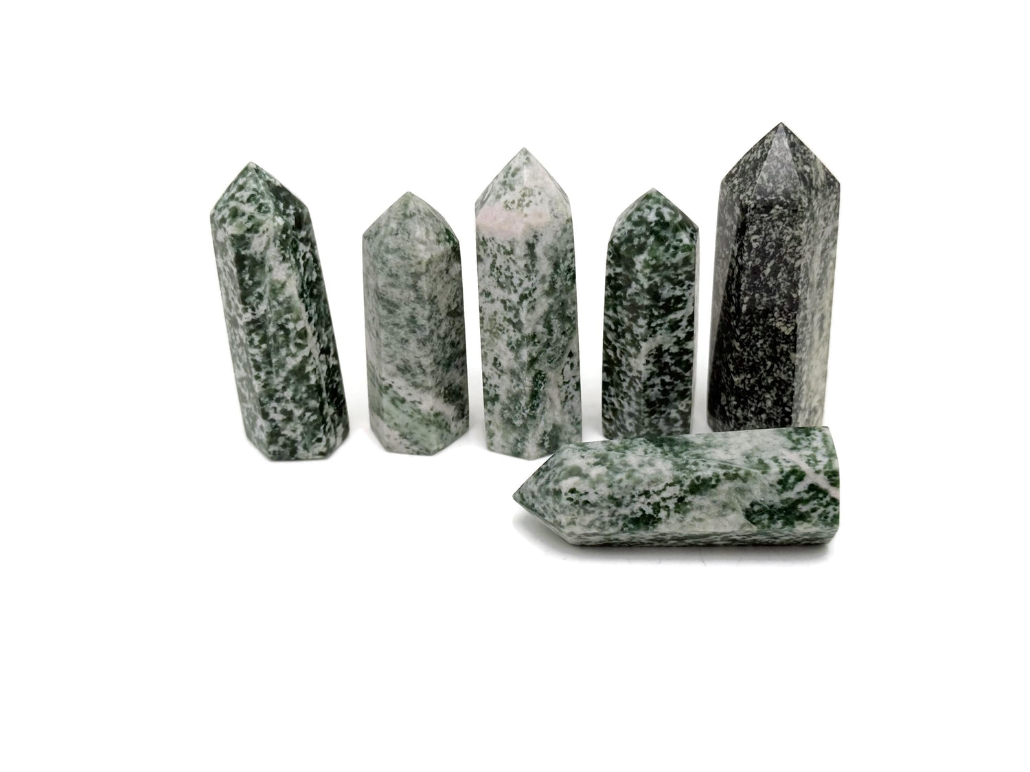 Green Jade Obelisk Tower made from Qinghai Jade gemstone, polished green crystal with natural stone markings, gemstone sculpture, GemstoneGO.