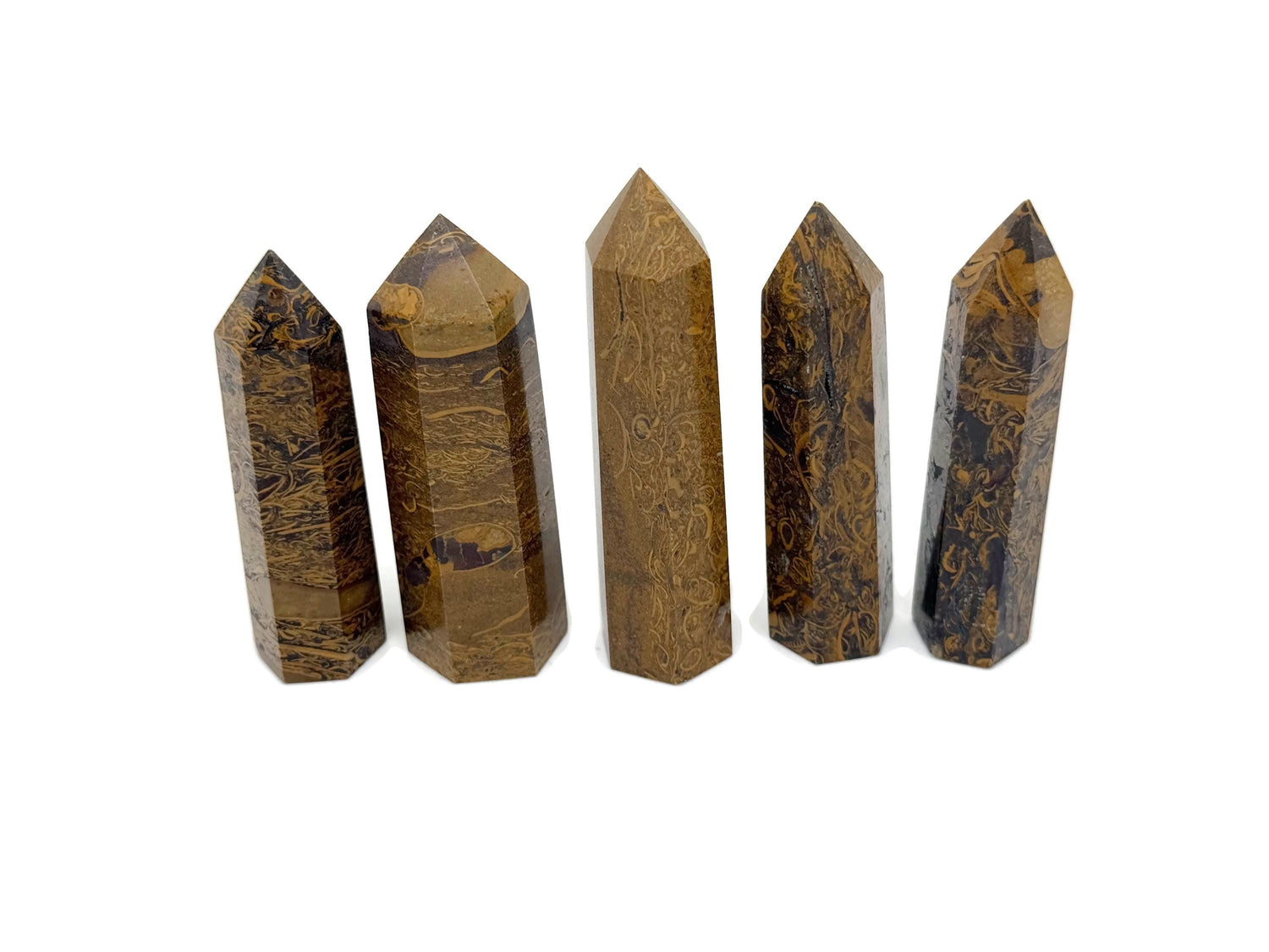 Calligraphy Jasper obelisk tower crystal from GemstoneGO featuring rich brown and red tones, smooth polished surface, and pointed tip.