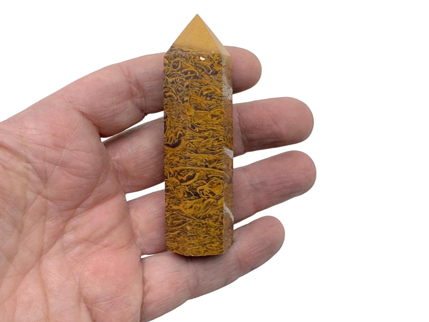 Calligraphy Jasper obelisk tower crystal from GemstoneGO, showcasing rich brown and red patterns in a tall, polished gemstone sculpture.