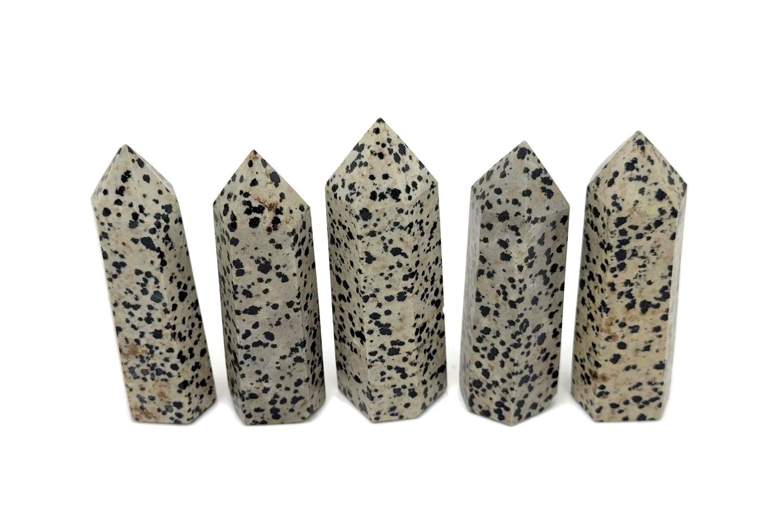 Dalmatian Jasper obelisk tower crystal from GemstoneGO, showing a tall, polished stone with black spots on a light background.