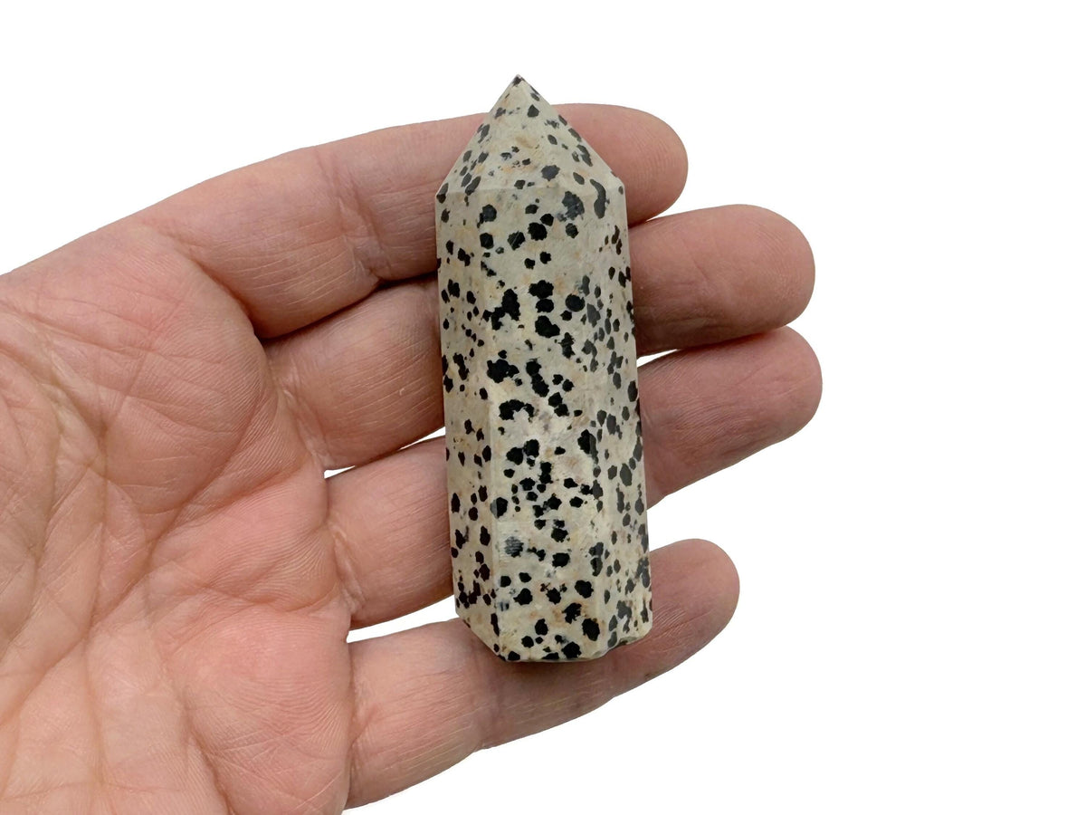 Dalmatian Jasper obelisk tower crystal with black spots on beige stone, polished and standing upright, from GemstoneGO.