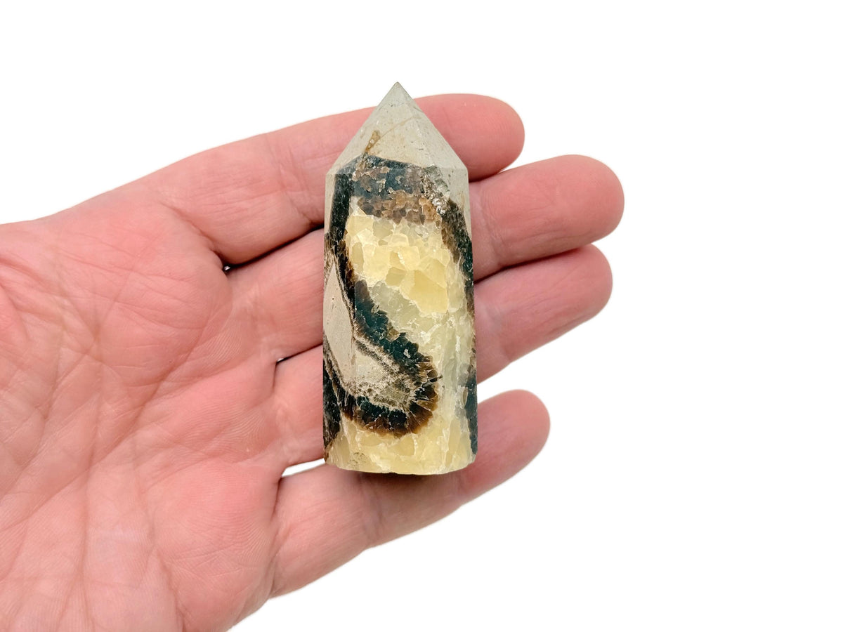 Septarian obelisk tower crystal, also known as Dragon Stone, from GemstoneGO showcasing earthy textures and natural mineral colors.