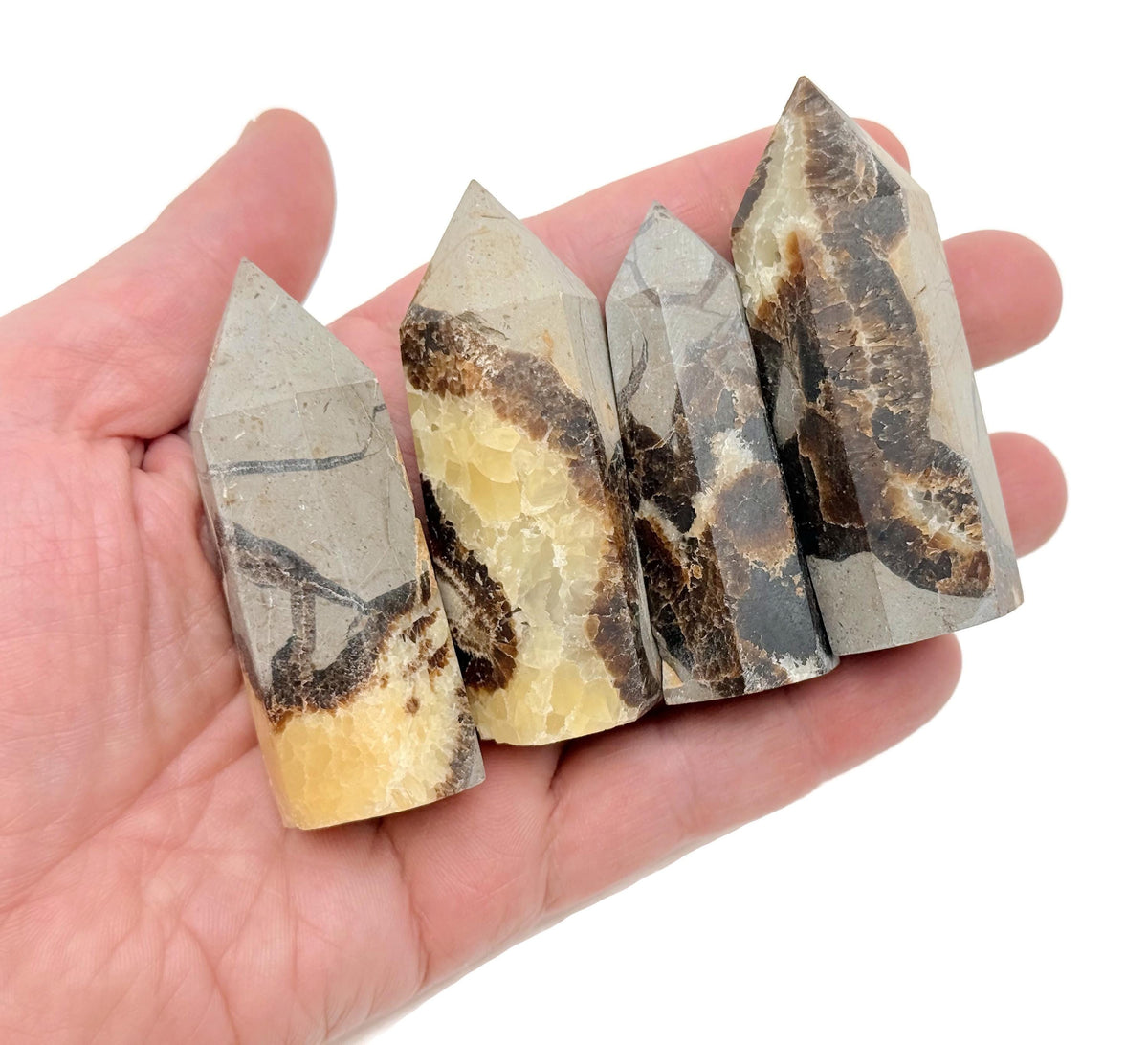 Septarian obelisk tower crystal, also known as Dragon Stone, from GemstoneGO featuring earthy brown and yellow mineral patterns.