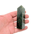 Emerald quartz obelisk tower crystal from GemstoneGO, showcasing a green gemstone with a pointed tip and smooth polished surface.