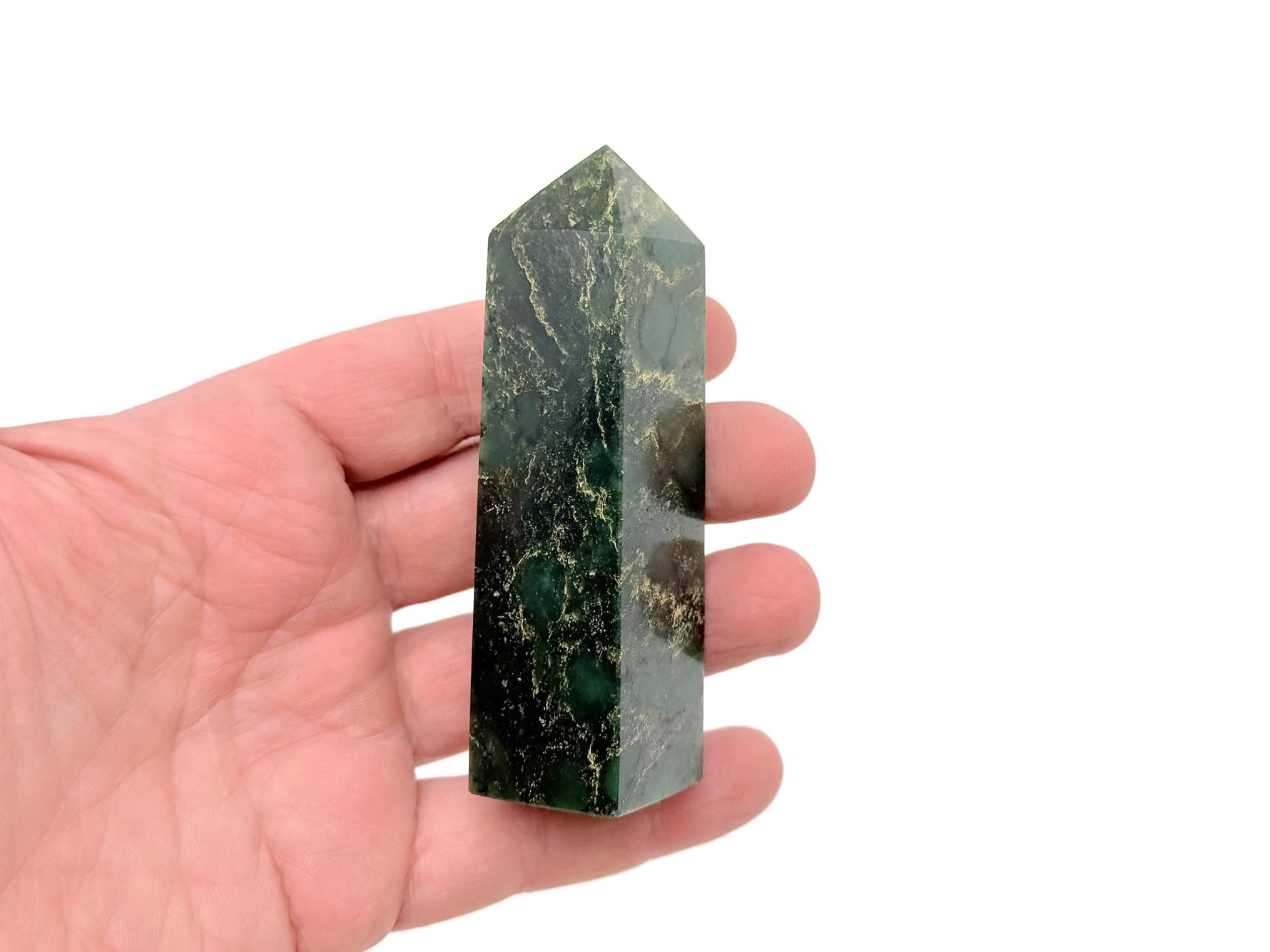Emerald quartz obelisk tower crystal from GemstoneGO, showcasing a green gemstone with a pointed tip and smooth polished surface.