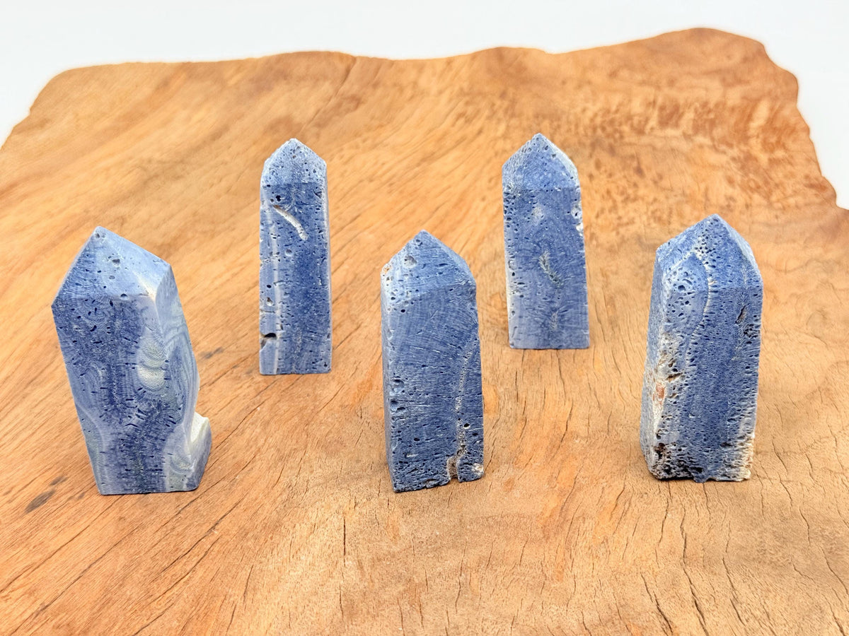 Blue coral obelisk tower crystal from GemstoneGO, showcasing a striking blue coral pattern and elongated obelisk shape.