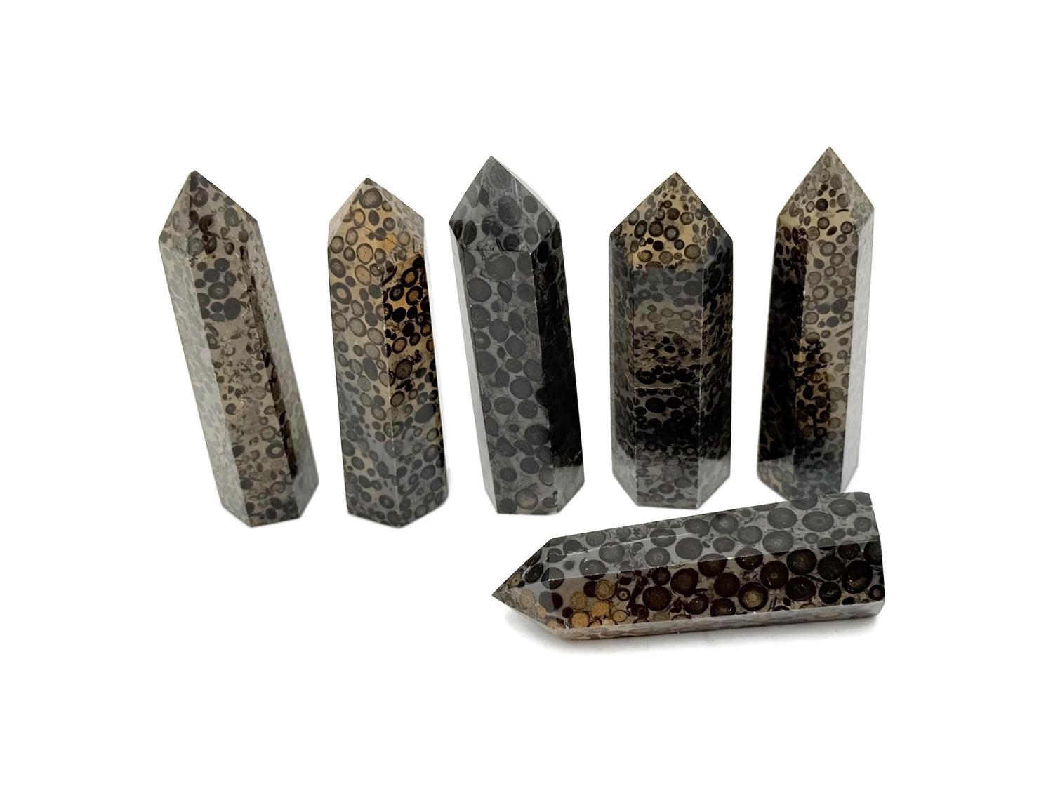 Leopard skin jasper obelisk tower crystal from GemstoneGO, showing natural earthy patterns and polished pointed shape.