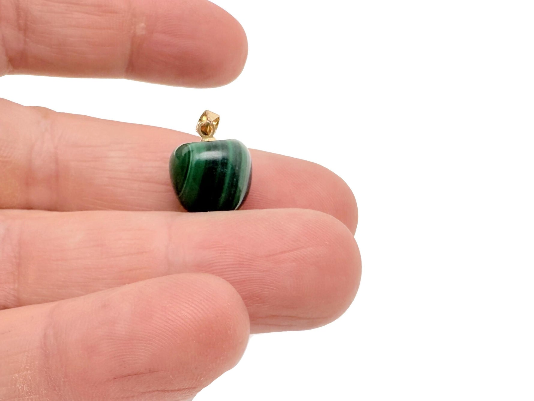 Malachite apple-shaped crystal pendant from GemstoneGO, featuring vibrant green semi-precious gemstone jewelry.