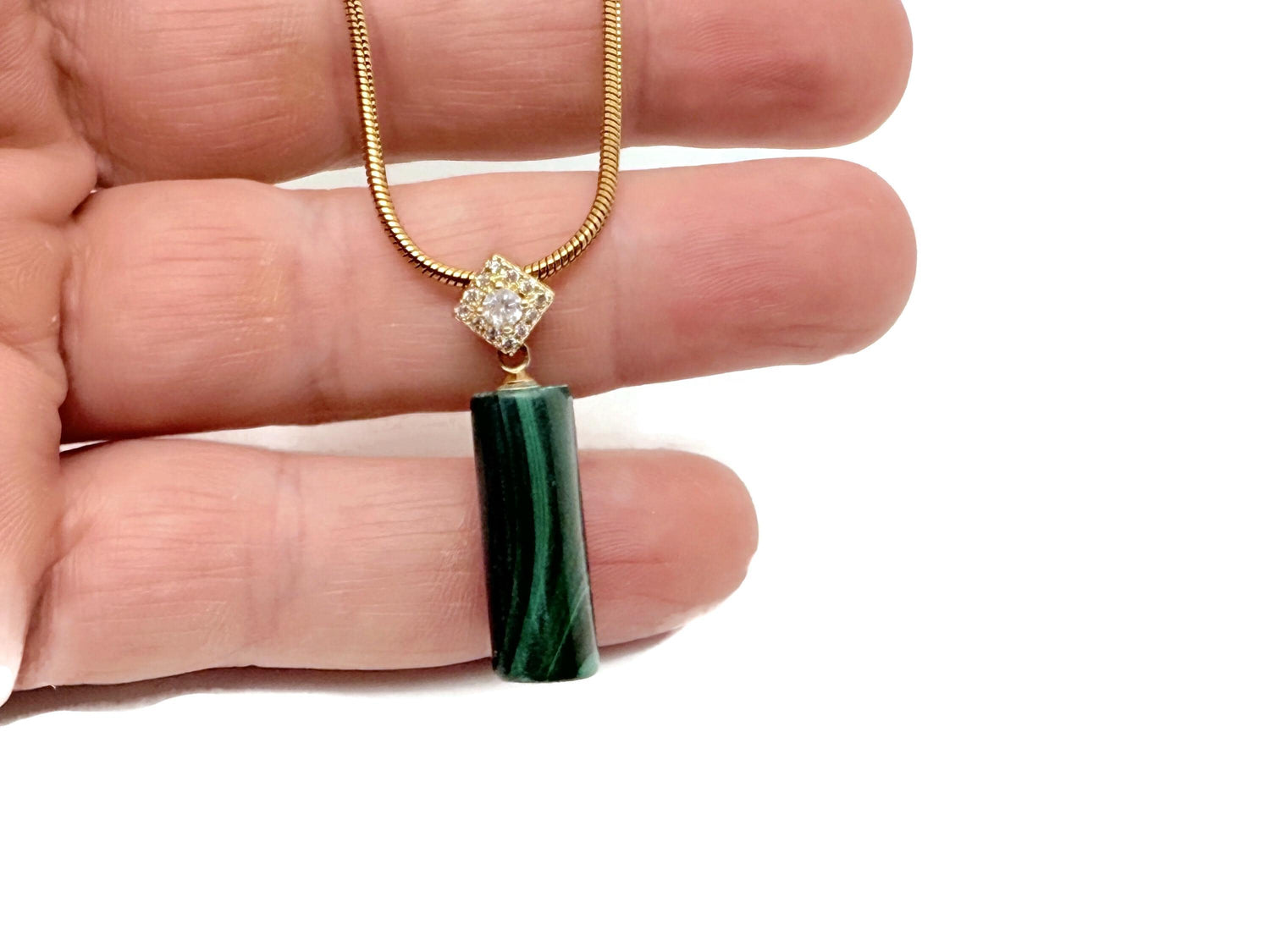 Malachite Cylinder Crystal Necklace - Gold Chain for Protection & Power - NC1789