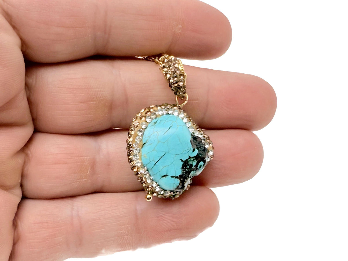 Turquoise jewelry set with crystal accents from GemstoneGO, featuring matching necklace and earrings on a white background.