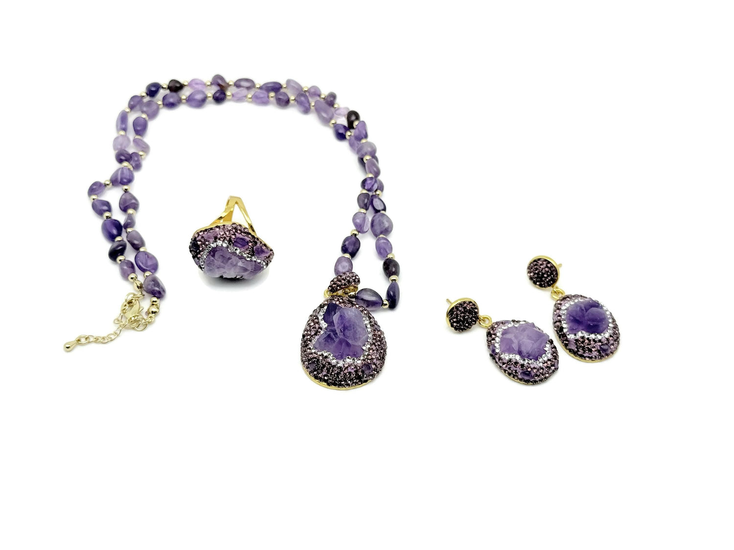 Handmade boho chic amethyst jewelry set featuring earrings and necklace from GemstoneGO, with polished purple amethyst stones.