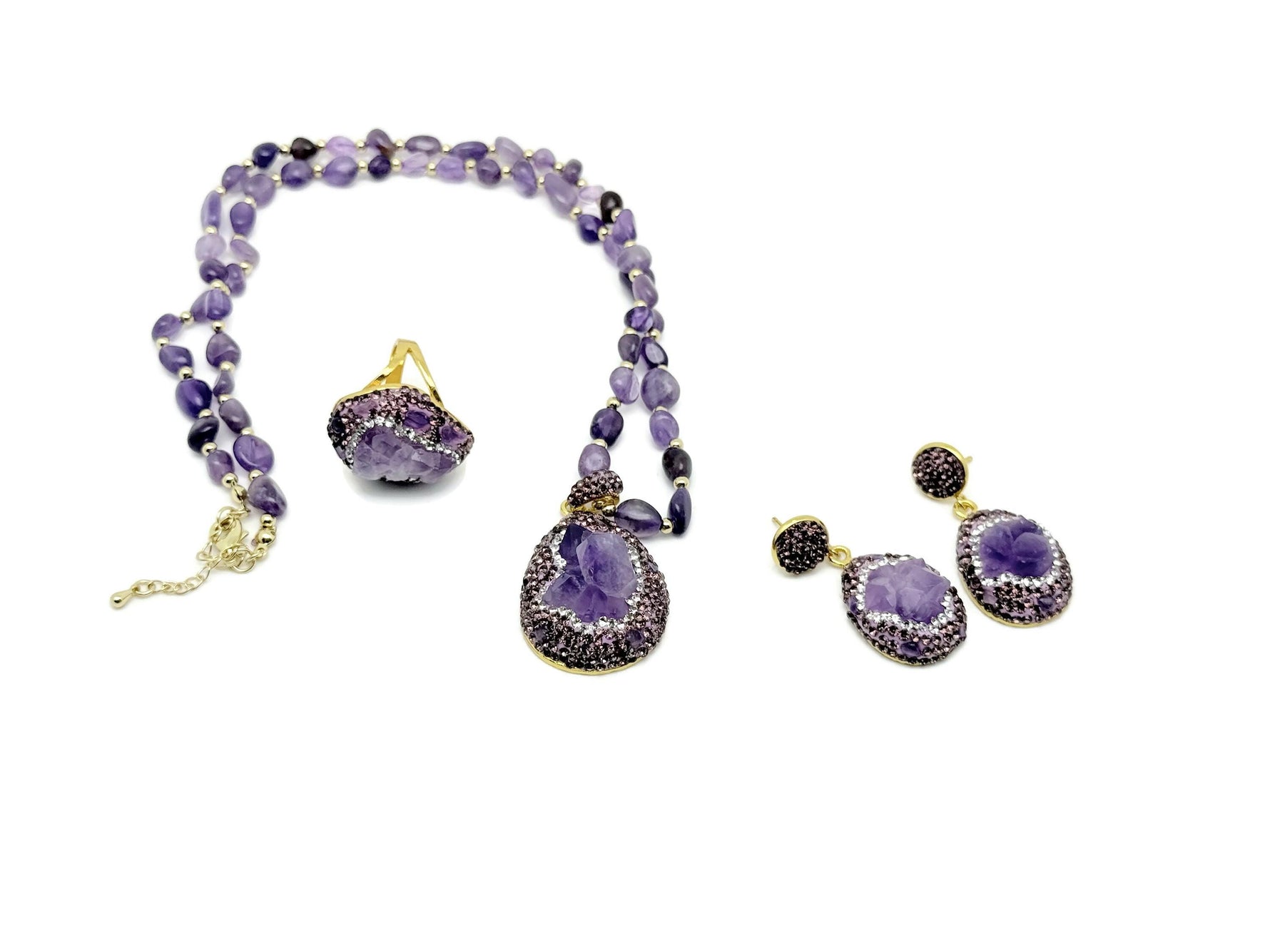 Handmade boho chic amethyst jewelry set featuring earrings and necklace from GemstoneGO, with polished purple amethyst stones.