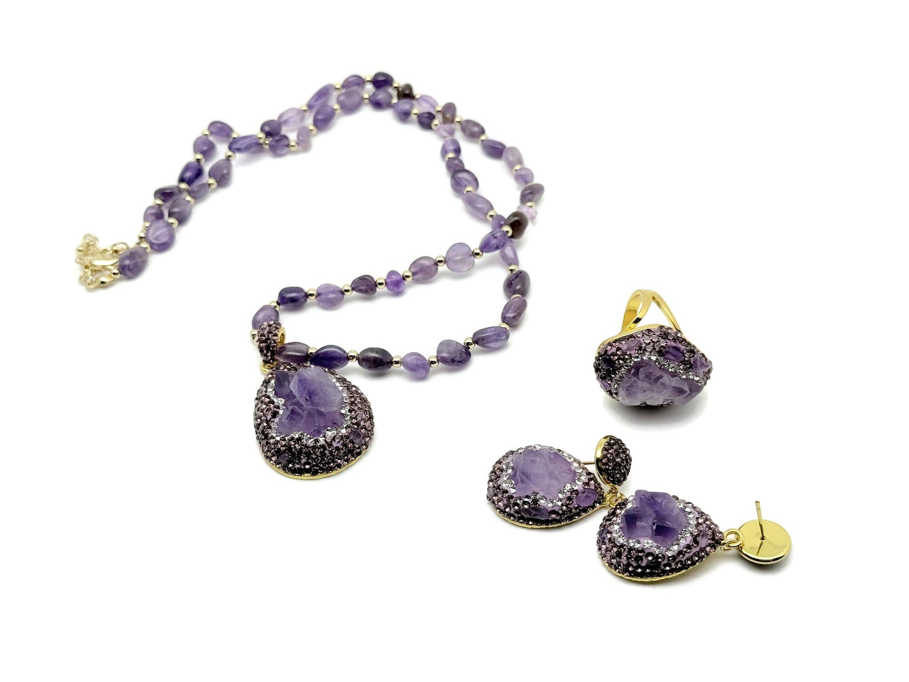 Handmade boho chic amethyst jewelry set with earrings and necklace from GemstoneGO, featuring polished purple gemstones and silver accents.