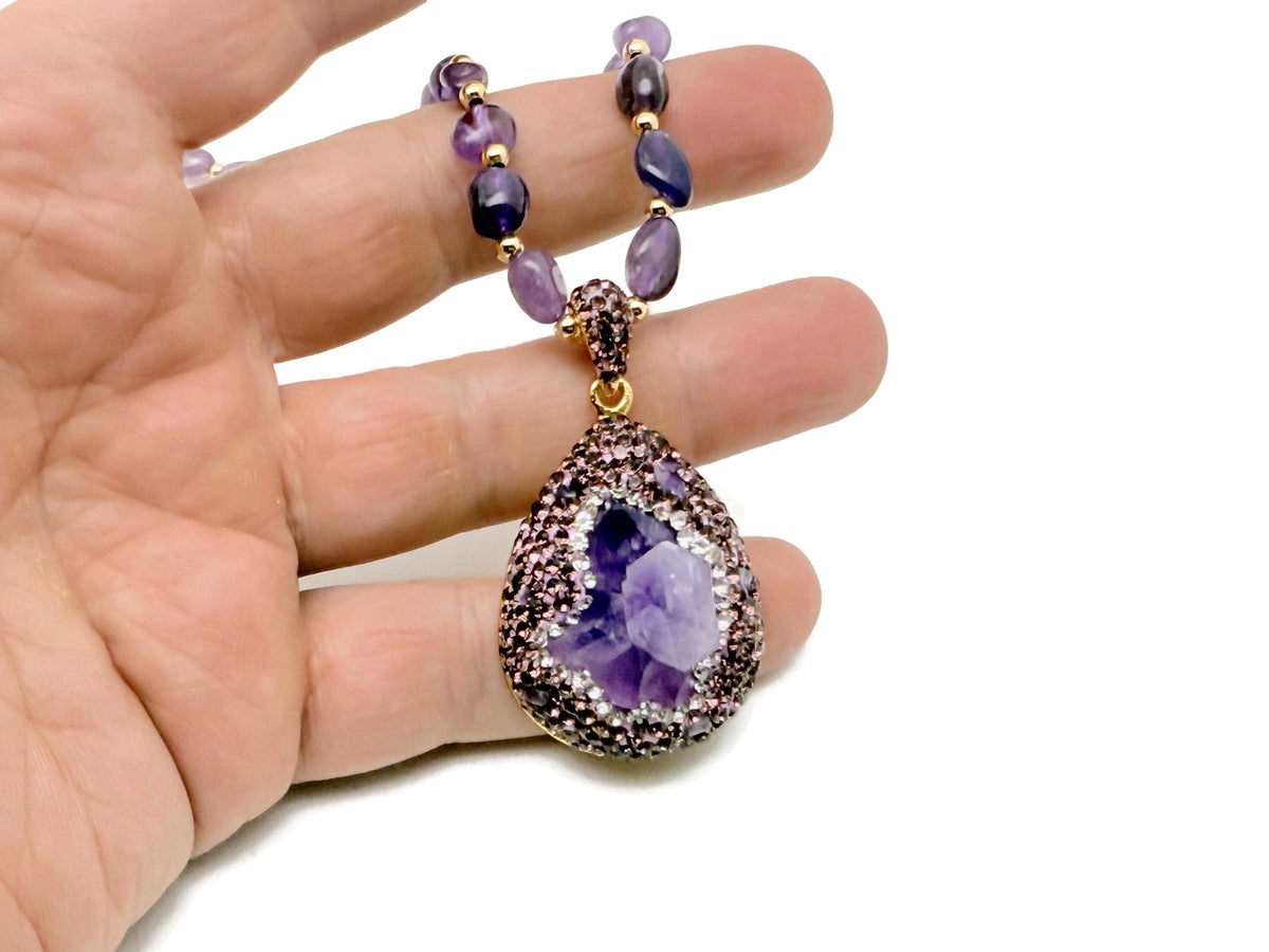 Handmade boho chic amethyst jewelry set with earrings and necklace from GemstoneGO, featuring purple gemstones and intricate designs.