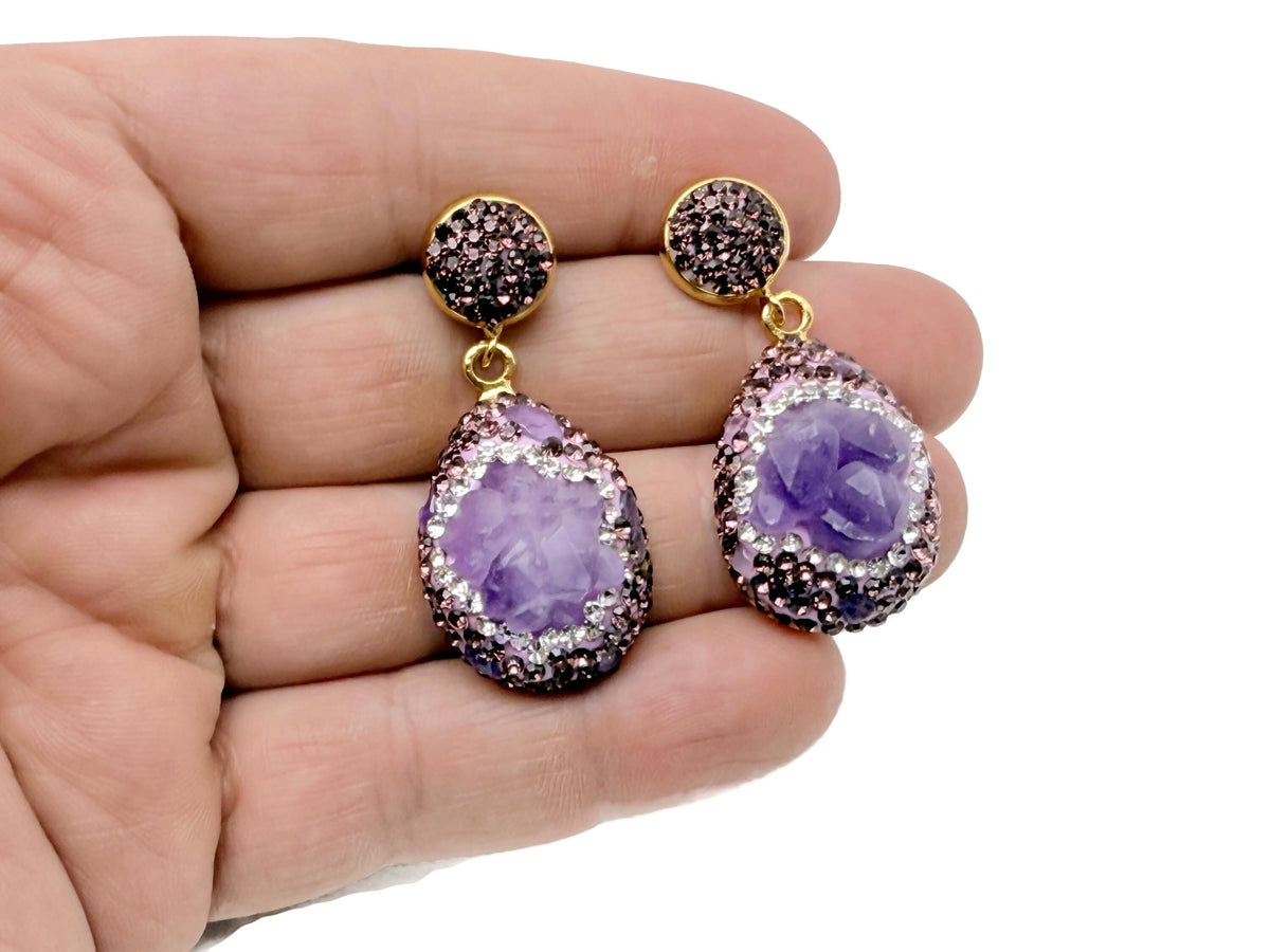 Handmade boho chic amethyst jewelry set featuring necklace and earrings from GemstoneGO, with purple gemstone accents.