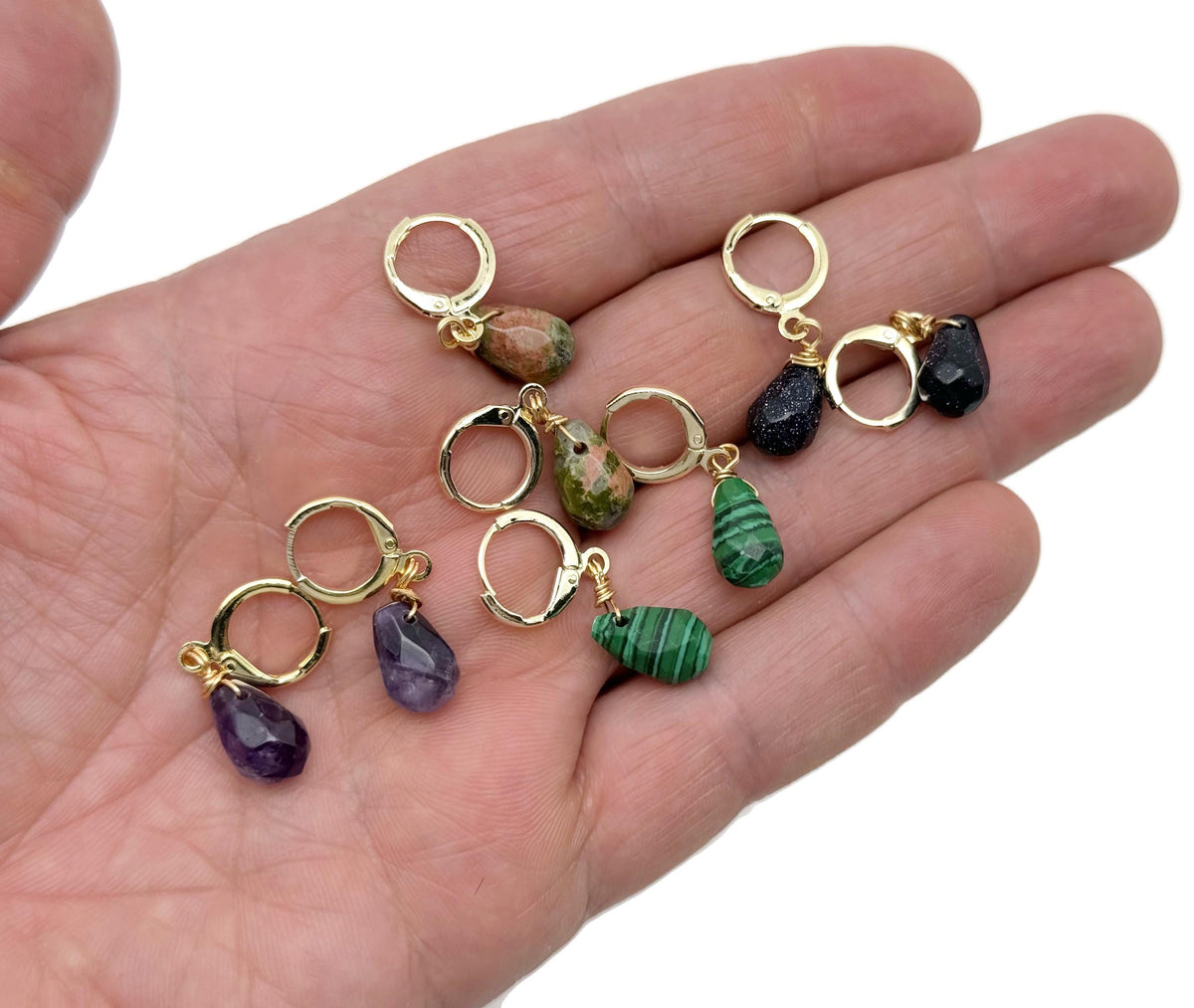 Gold plated gemstone drop hoop earrings by GemstoneGO featuring minimalist design and mixed natural gemstones.